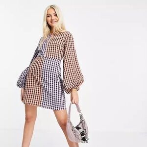 ASOS Design Mixed Gingham Print Balloon Sleeves Dress